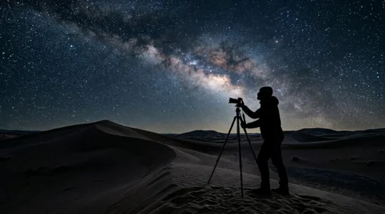 Photographe capturant la Voie Lactée au-dessus des dunes de Merzouga avec un appareil photo sur trépied
