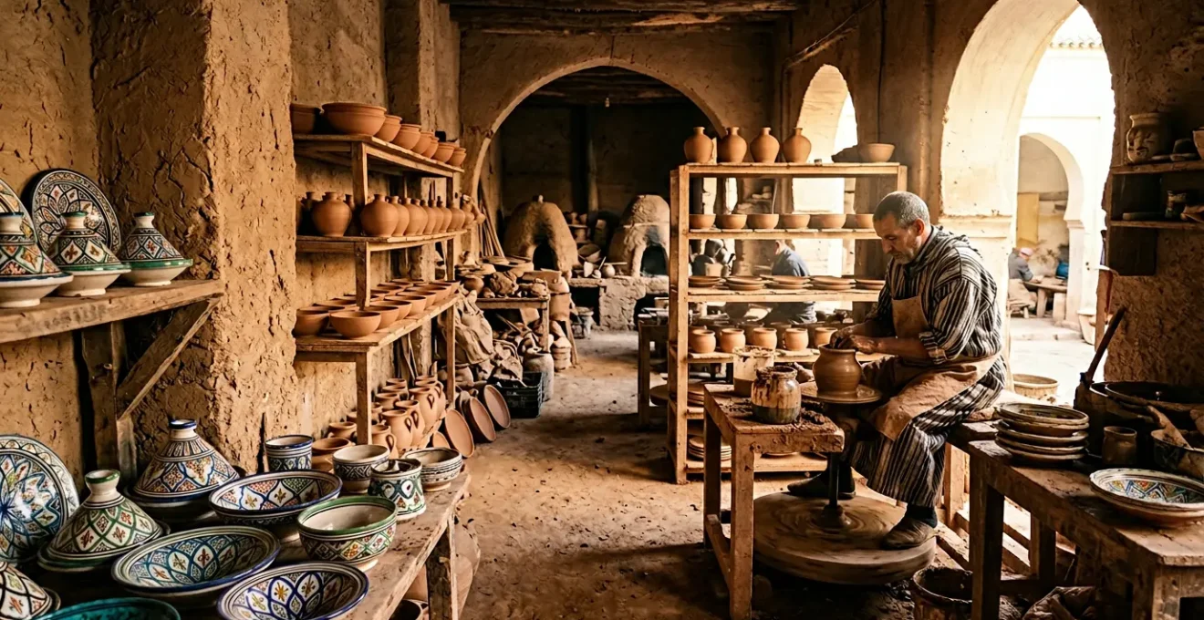 Vue d'ensemble d'ateliers de poterie traditionnelle avec céramiques colorées et artisan au travail