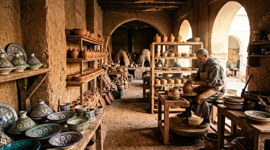 Vue d'ensemble d'ateliers de poterie traditionnelle avec céramiques colorées et artisan au travail