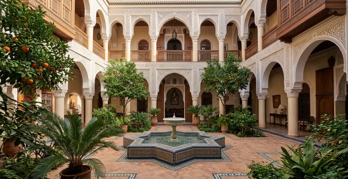 Patio intérieur d'un riad marocain traditionnel avec fontaine en zellige et végétation luxuriante