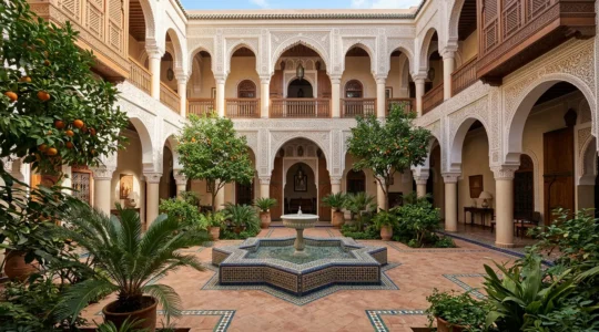Patio intérieur d'un riad marocain traditionnel avec fontaine en zellige et végétation luxuriante