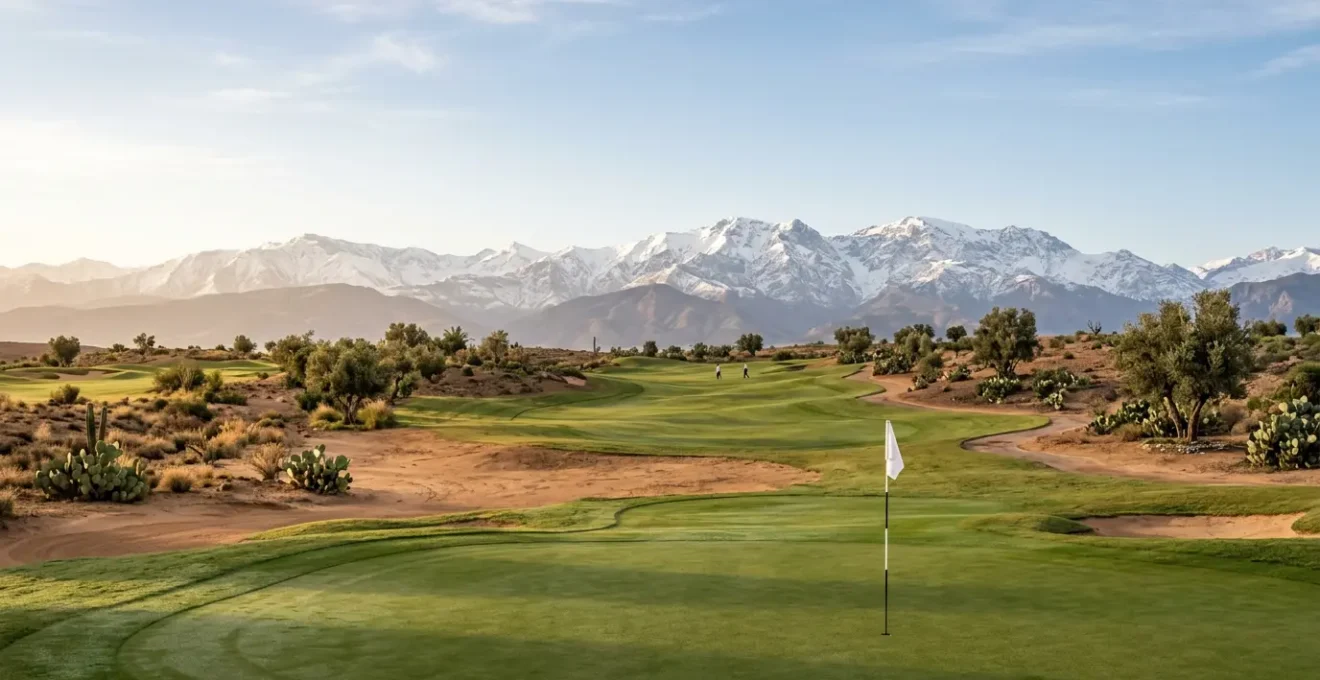 Vue panoramique sur l'Atlas enneigé depuis un parcours de golf à Marrakech