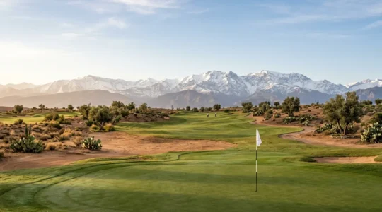 Vue panoramique sur l'Atlas enneigé depuis un parcours de golf à Marrakech