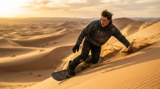 Sandboarder en pleine descente sur une dune dorée du Sahara, illustrant l'effort physique intense