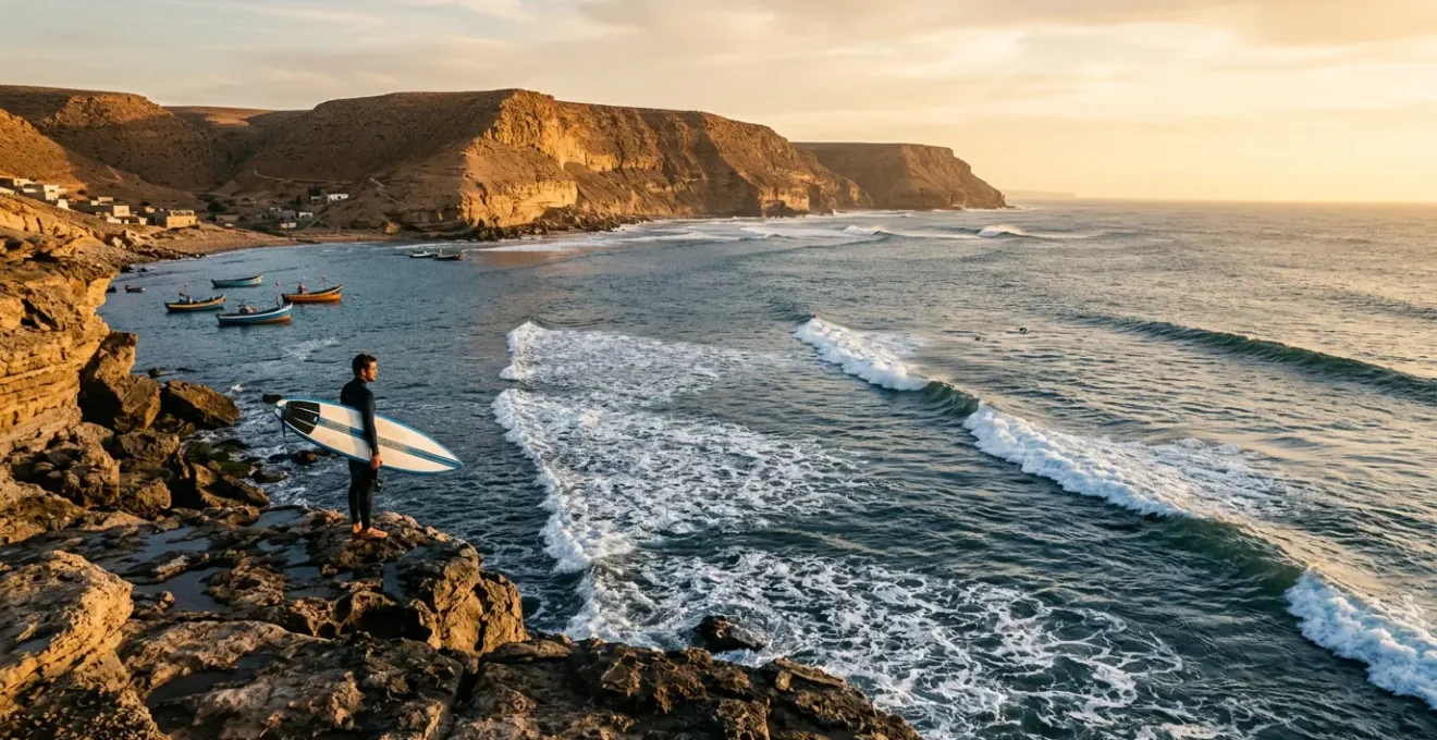 Surfeur contemplant les vagues depuis les falaises rocheuses de Taghazout avec vue panoramique sur la baie
