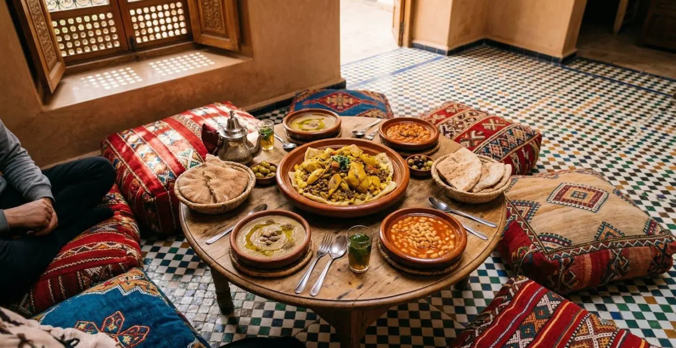 Table familiale marocaine avec plats traditionnels méconnus partagés dans une ambiance chaleureuse