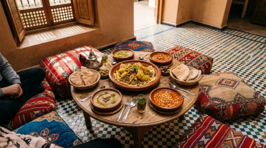 Table familiale marocaine avec plats traditionnels méconnus partagés dans une ambiance chaleureuse