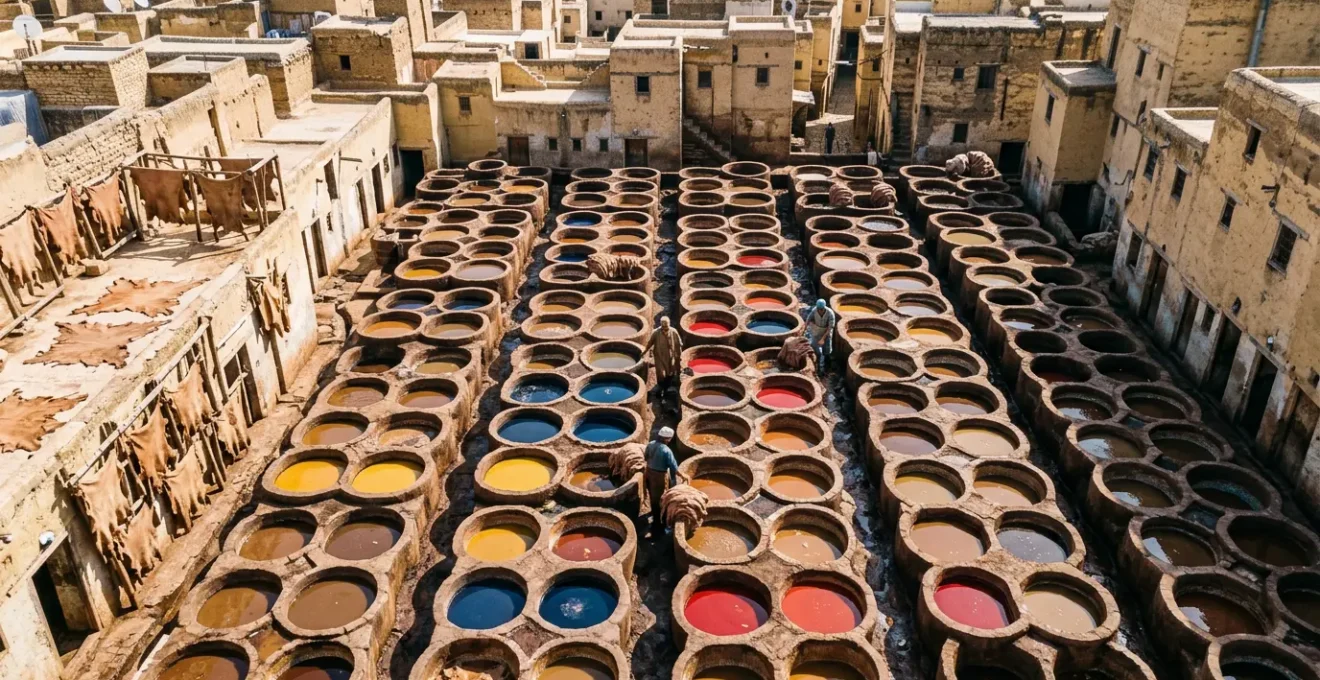 Vue panoramique des cuves colorées de la tannerie Chouara à Fès avec des artisans au travail