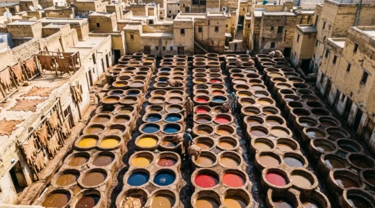 Vue panoramique des cuves colorées de la tannerie Chouara à Fès avec des artisans au travail