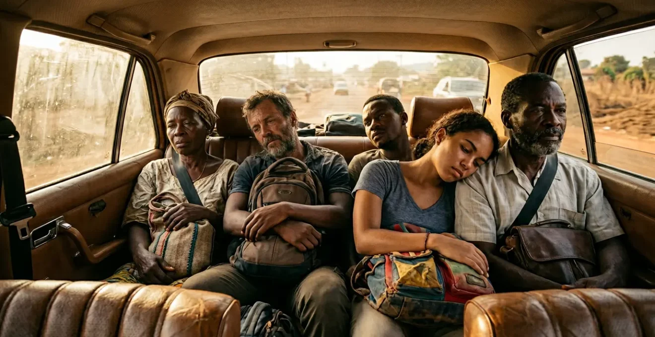Intérieur d'un taxi collectif bondé avec six passagers serrés dans une Mercedes ancienne, vue depuis l'arrière