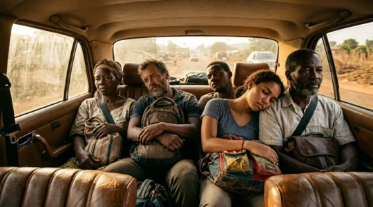 Intérieur d'un taxi collectif bondé avec six passagers serrés dans une Mercedes ancienne, vue depuis l'arrière