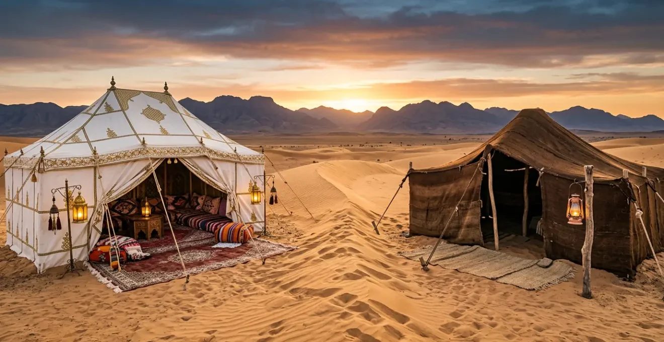 Comparaison visuelle entre une tente de luxe caïdale et un bivouac standard dans le désert marocain