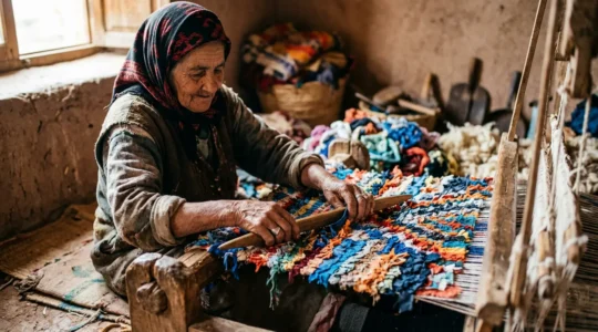 Portrait d'une tisserande berbère travaillant sur un tapis Boucherouite avec des symboles traditionnels visibles