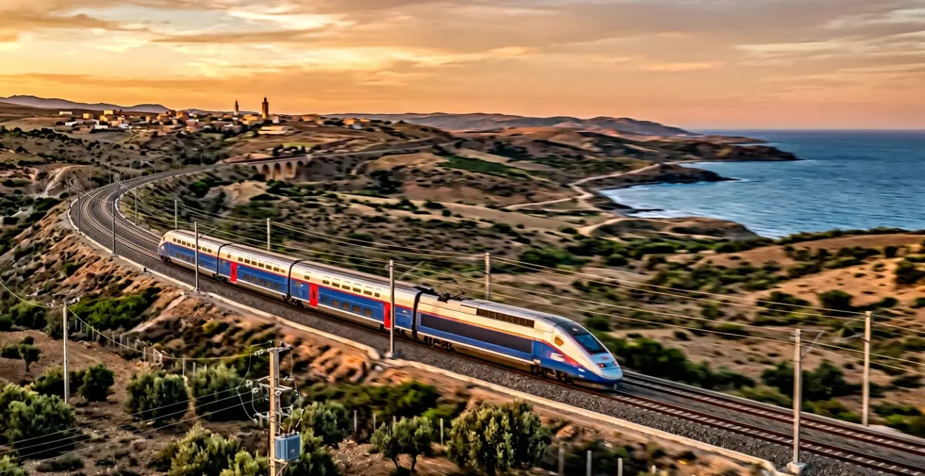 Vue du train à grande vitesse Al Boraq traversant le paysage marocain entre Tanger et Casablanca