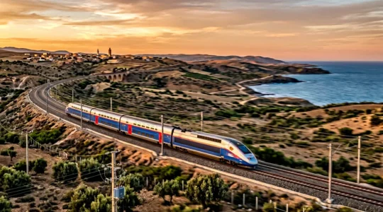 Vue du train à grande vitesse Al Boraq traversant le paysage marocain entre Tanger et Casablanca