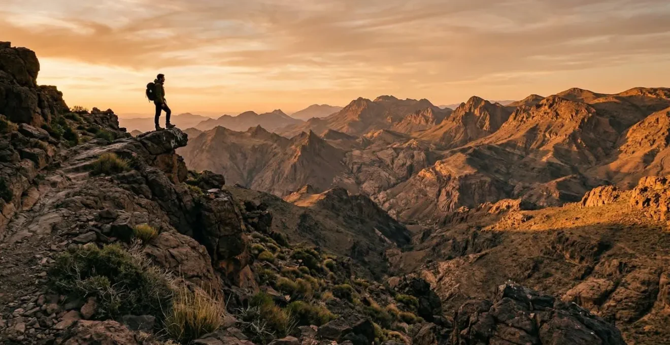 Vue panoramique des montagnes arides du Djebel Saghro au coucher du soleil avec un randonneur solitaire contemplant l'horizon