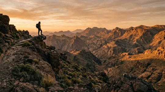 Vue panoramique des montagnes arides du Djebel Saghro au coucher du soleil avec un randonneur solitaire contemplant l'horizon