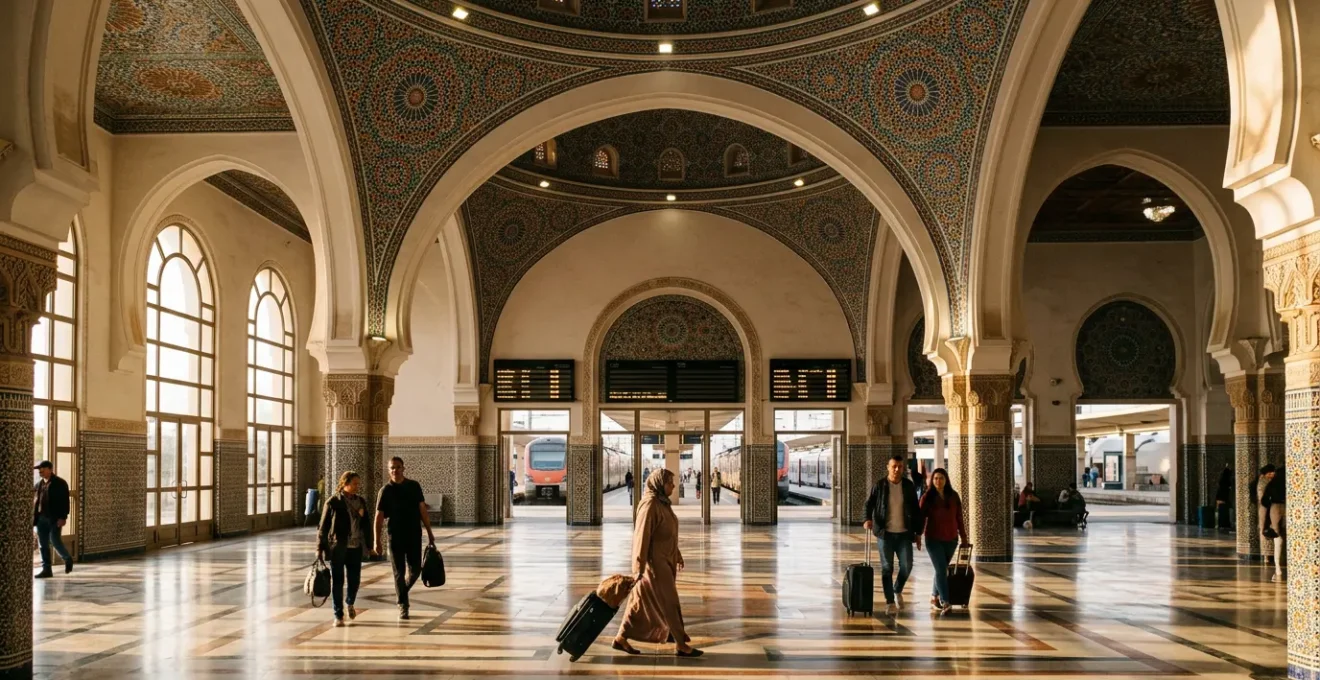 Hall de gare marocaine avec architecture mauresque et voyageurs préparant leur départ vers les villes impériales