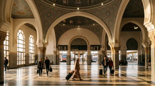 Hall de gare marocaine avec architecture mauresque et voyageurs préparant leur départ vers les villes impériales