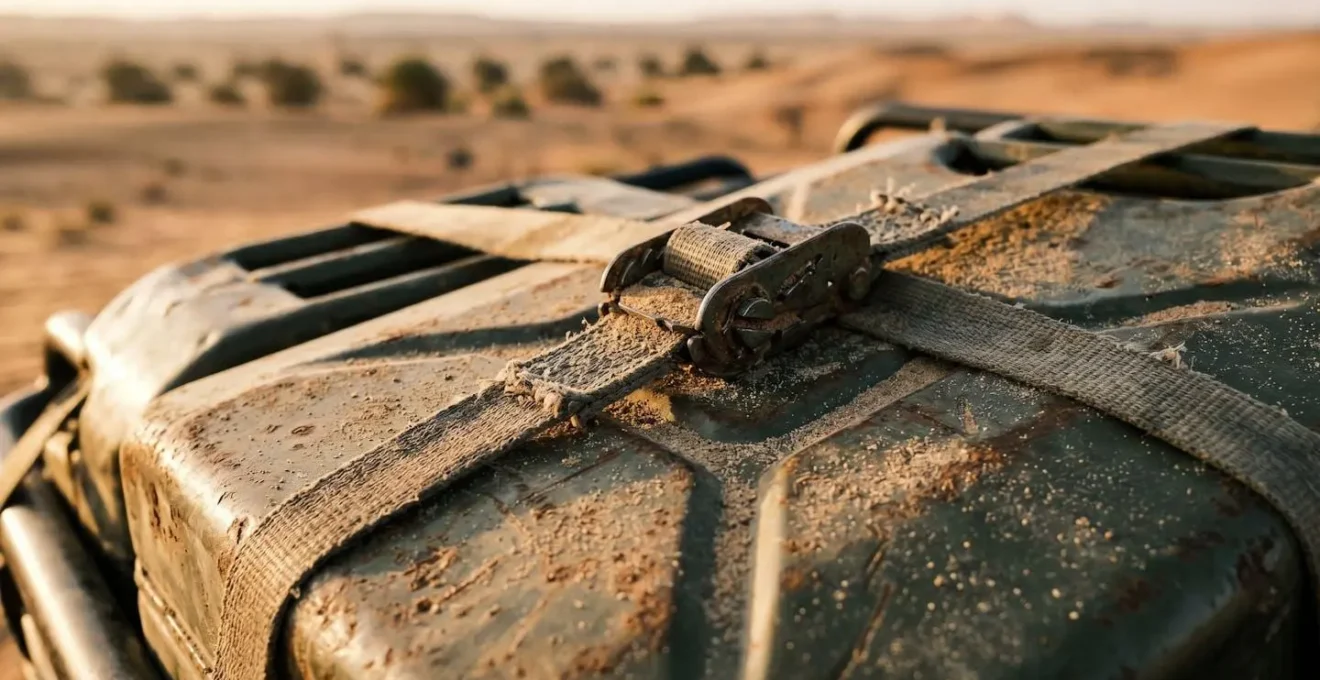 Gros plan sur des jerricans métalliques fixés à l'arrière d'un 4x4 dans le désert