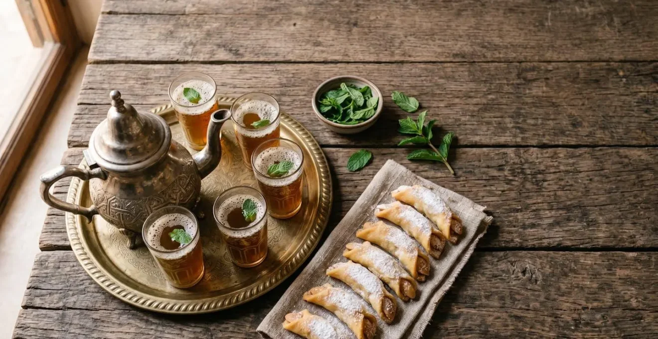 Service traditionnel du thé à la menthe avec des cornes de gazelle sur une table en bois