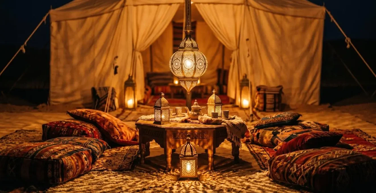 Intérieur d'une tente de luxe éclairée par des lanternes artisanales marocaines