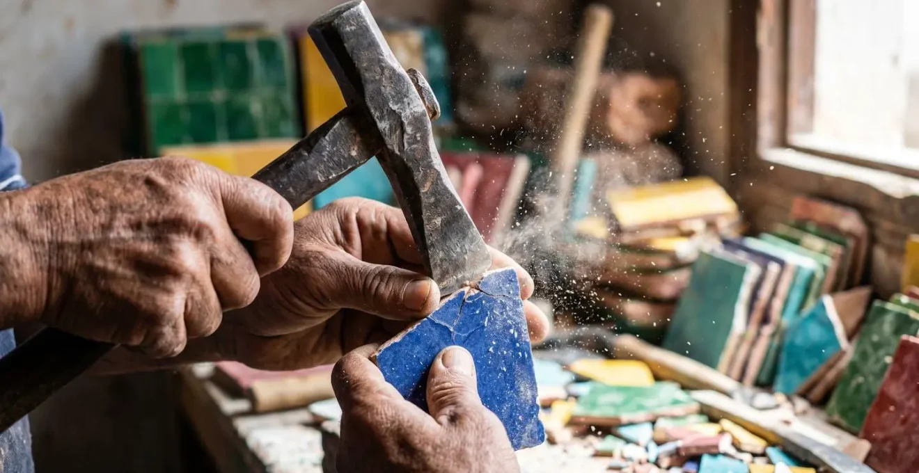 Gros plan macro sur les mains d'un artisan découpant minutieusement des tesselles de zellige traditionnel