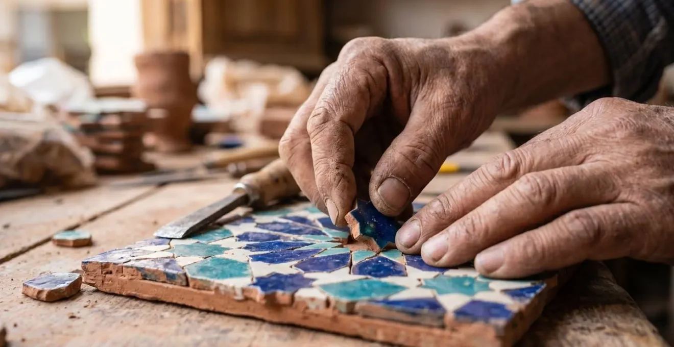 Gros plan sur les mains d'un maâlem travaillant le zellige avec des outils traditionnels