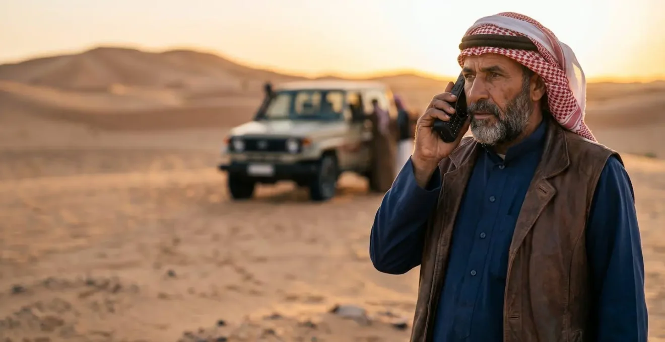 Homme utilisant un téléphone satellite dans le désert avec 4x4 en arrière-plan