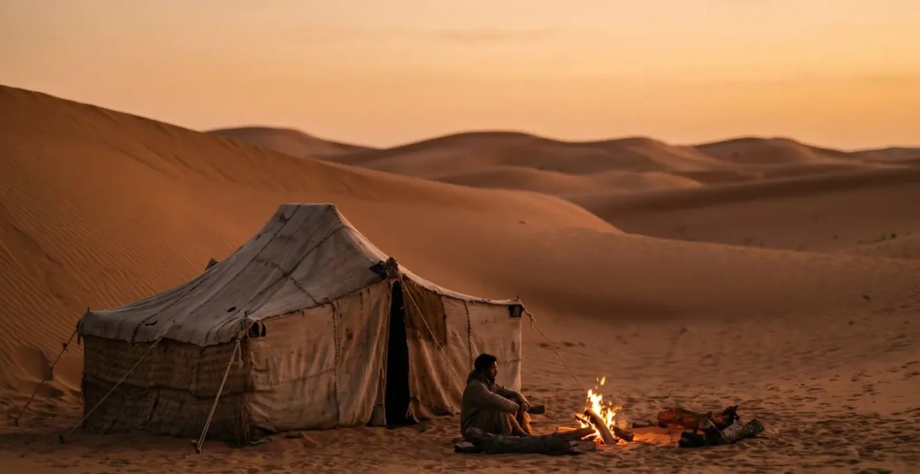 Campement nomade isolé au creux des dunes avec une seule tente traditionnelle sous les étoiles