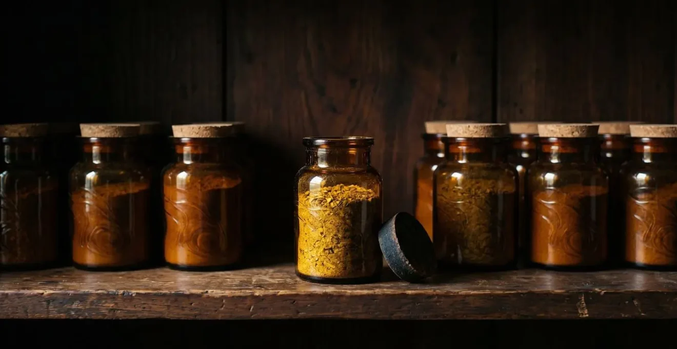 Bocaux en verre ambré contenant des épices sur étagère en bois sombre