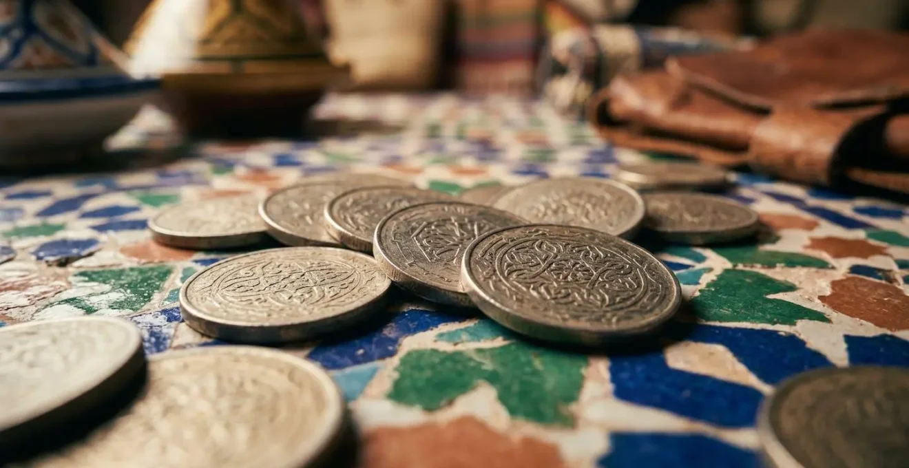 Nature morte avec dirhams marocains, carnet de voyage et objets artisanaux typiques sur table en zellige