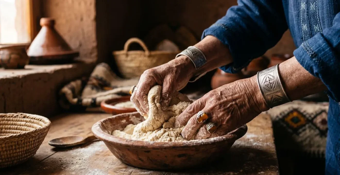 Famille berbère préparant le repas traditionnel de Yennayer dans une maison du Haut Atlas