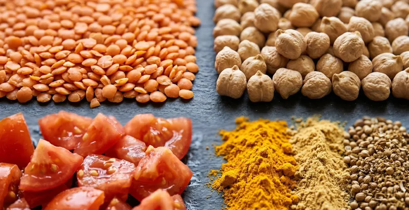 Vue macro des ingrédients de la harira montrant lentilles, pois chiches, tomates et épices
