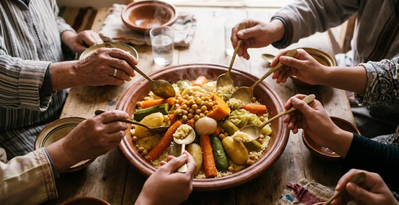 Grand plat traditionnel de couscous aux sept légumes servi dans un plat en terre cuite partagé