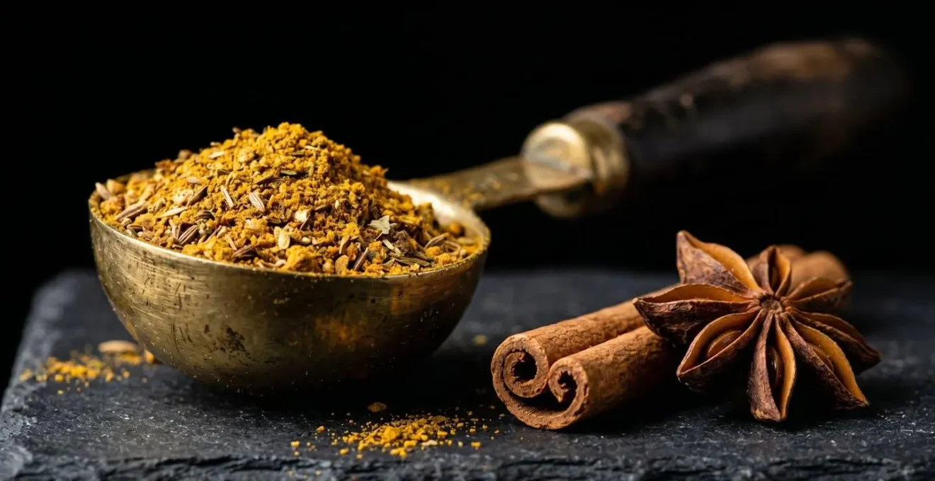Cuillère à café de Ras el-Hanout avec épices dorées sur fond sombre