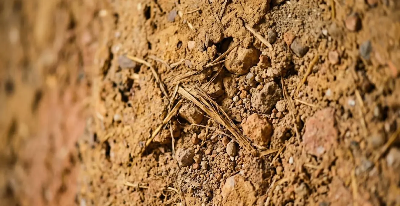 Texture détaillée d'un mur en pisé montrant les fibres naturelles et l'aspect granuleux caractéristique
