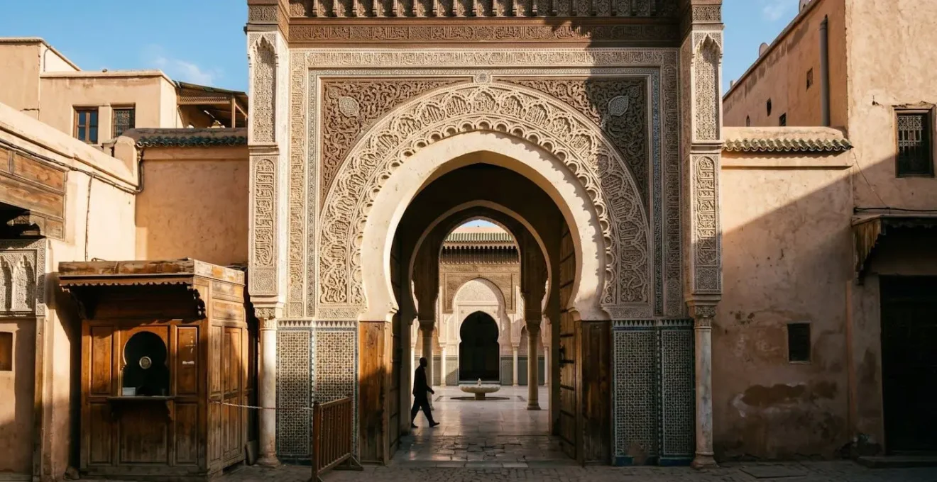 Vue grand angle d'une entrée monumentale de médersa avec ses ornementations géométriques caractéristiques