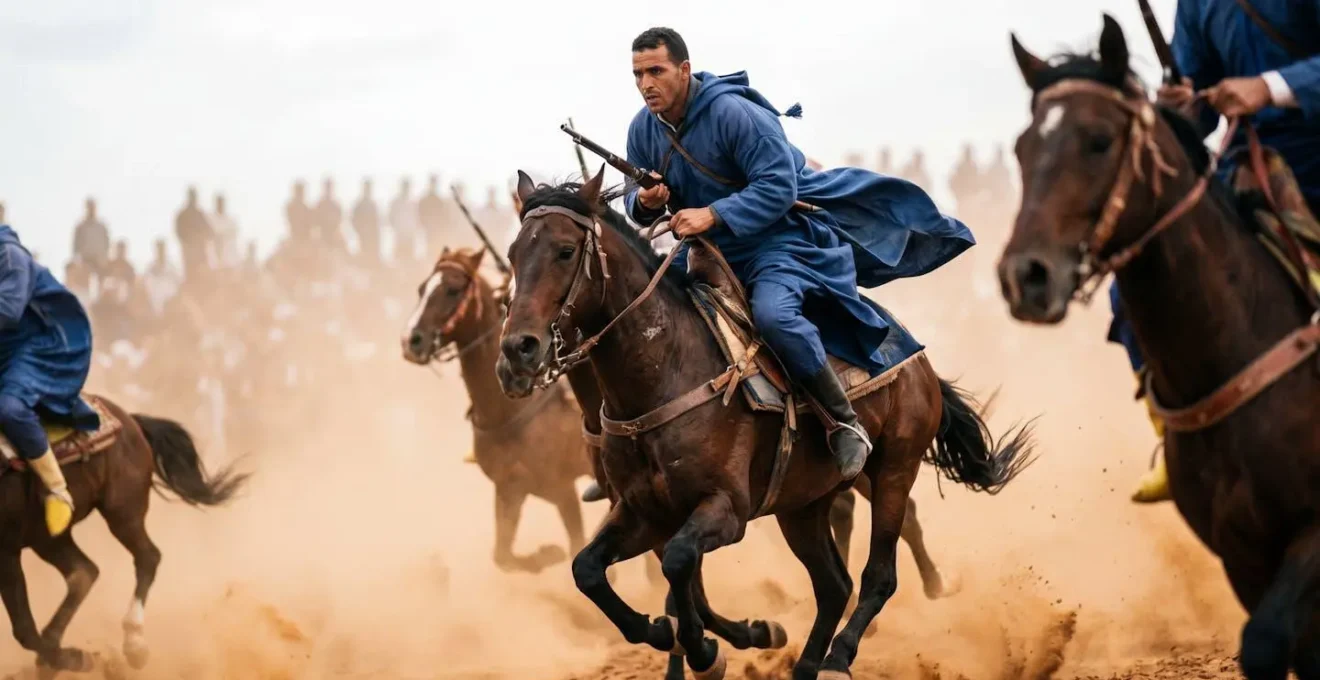Charge de cavaliers lors de la Tbourida au Moussem avec nuage de poussière dramatique