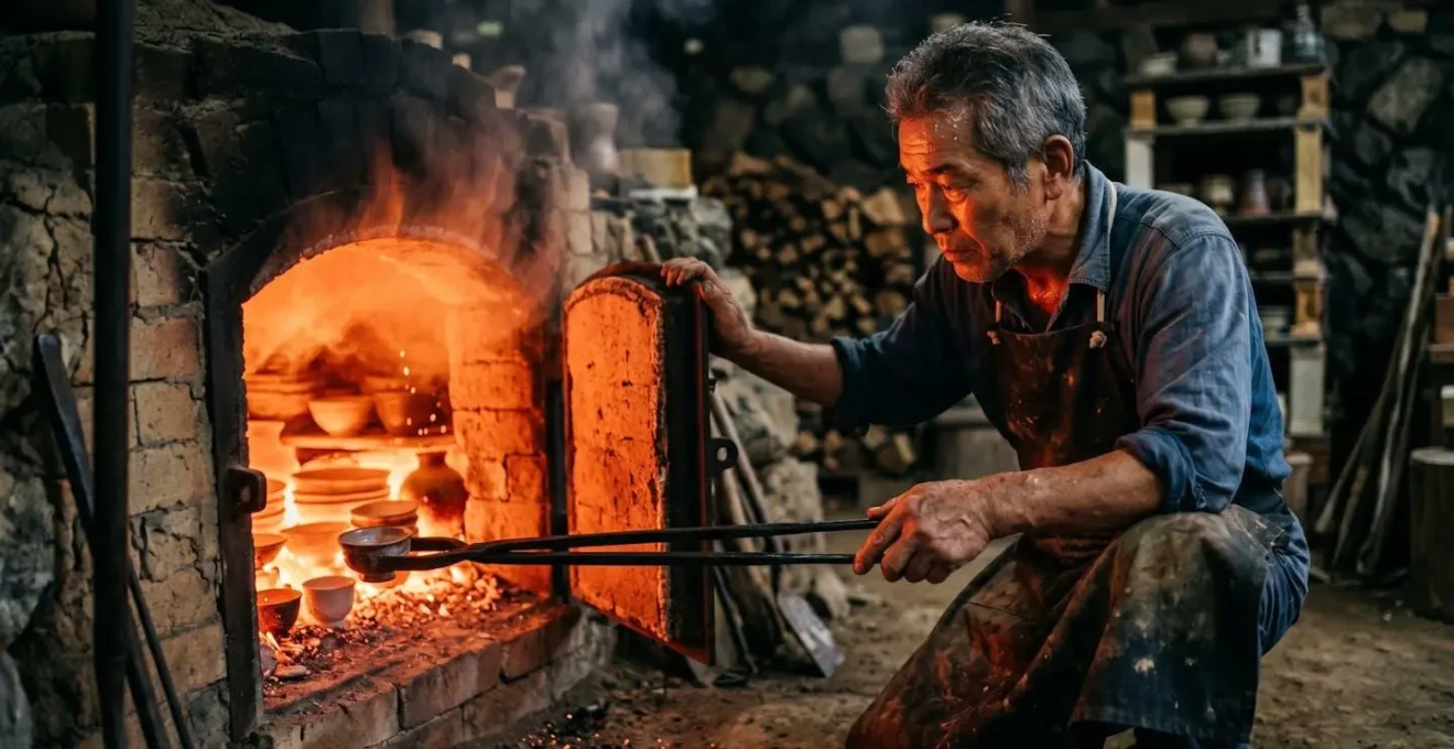 Four traditionnel de poterie en action avec poteries incandescentes à Safi