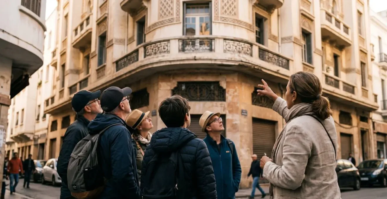 Guide architectural montrant les détails d'une façade Art Déco à un groupe de visiteurs attentifs