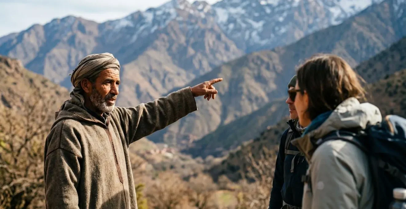 Guide berbère local pointant vers les sommets de l'Atlas lors d'une pause sur le sentier