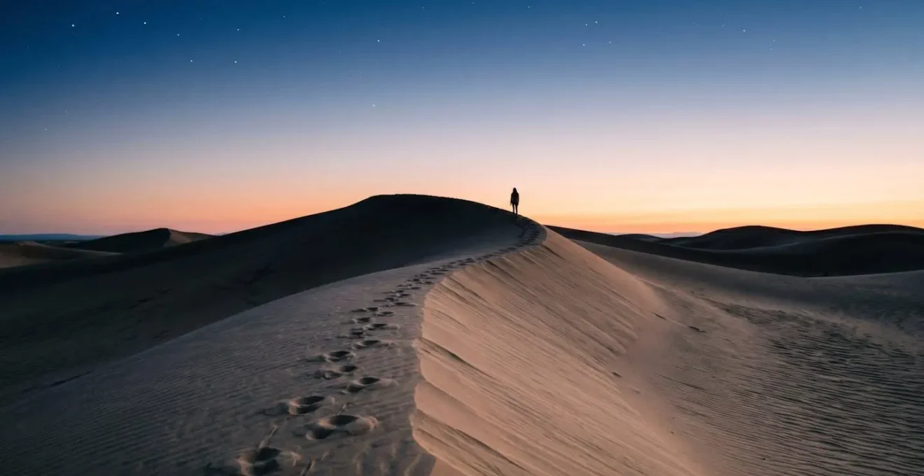 Sommet de dune au moment de l'heure bleue avec dégradé de couleurs pastel dans le ciel