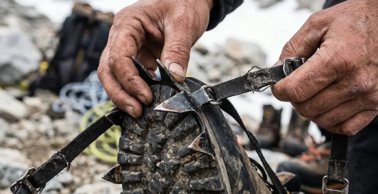 Inspection minutieuse de crampons et chaussures de montagne avant l'ascension du Toubkal