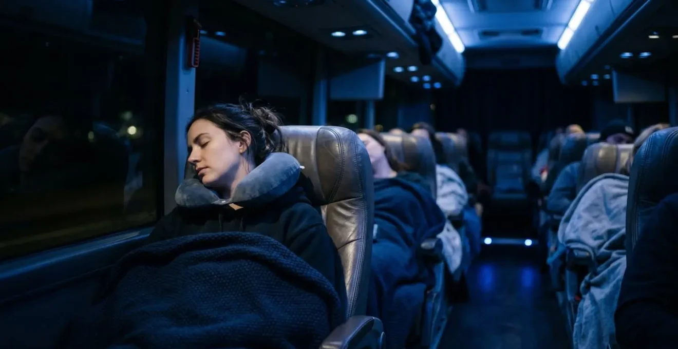 Intérieur d'un bus de nuit avec passagers endormis dans des sièges inclinés confortables
