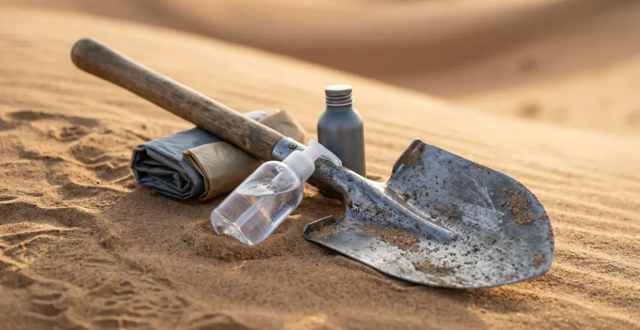Kit d'hygiène du désert avec mini-pelle, gel hydroalcoolique et sachets hermétiques disposés sur le sable