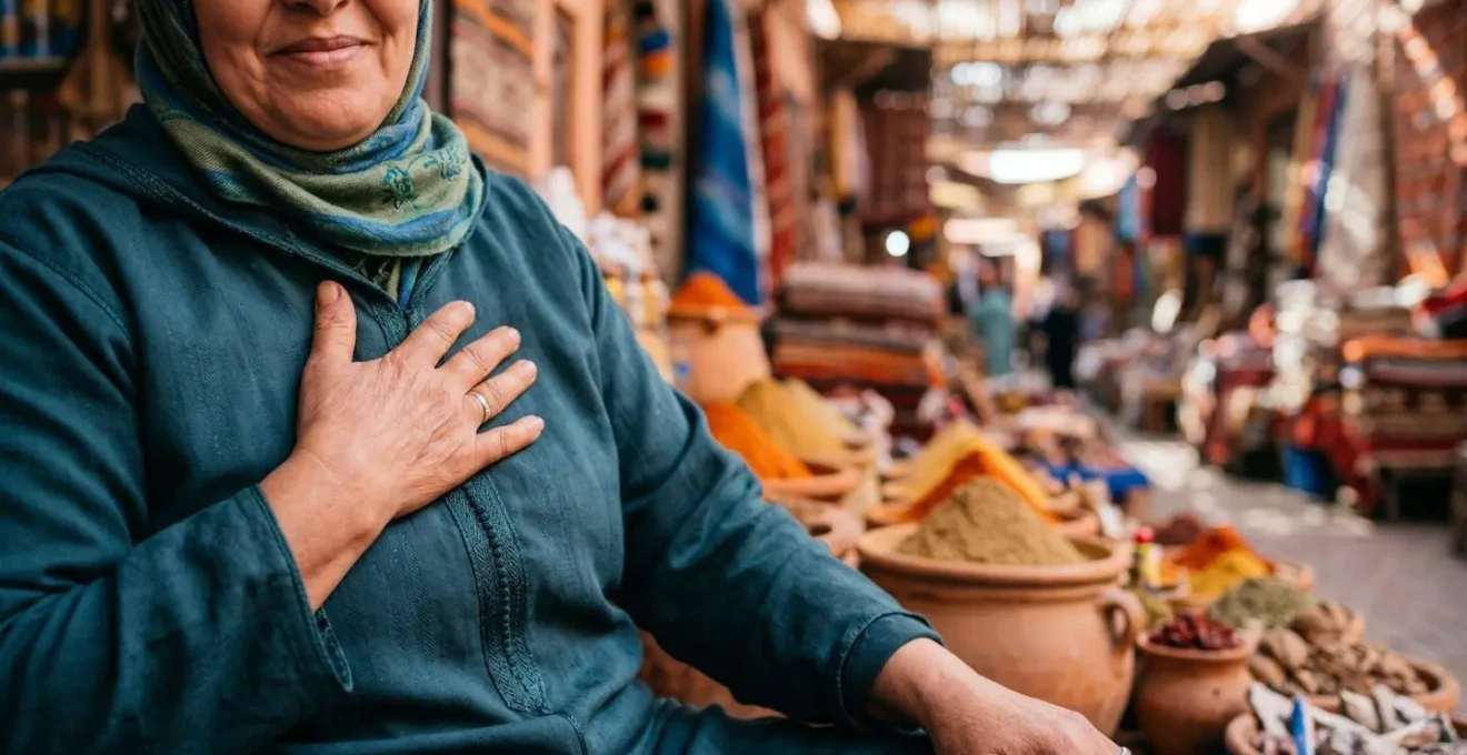 Main sur le cœur dans un souk marocain, geste de politesse respectueuse