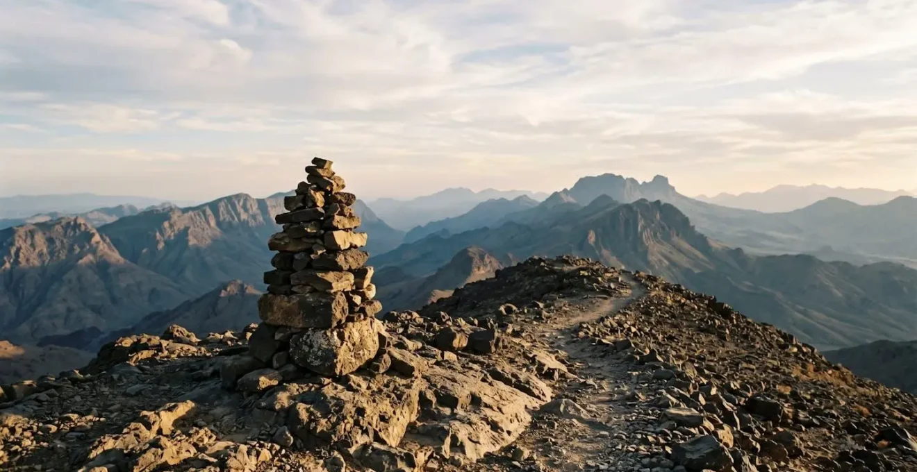 Cairn de pierres volcaniques empilées sur une crête rocheuse du Saghro avec vue sur les plateaux arides