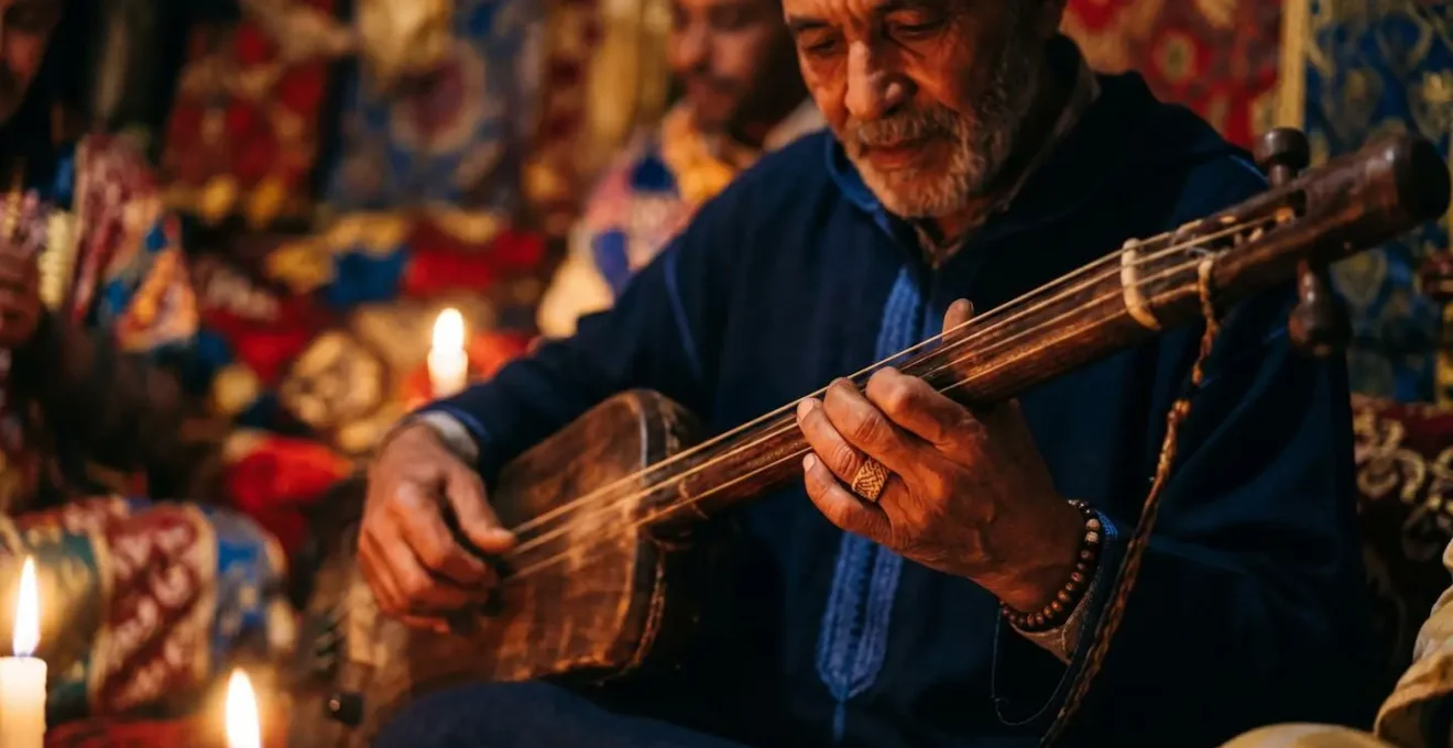 Cérémonie Lila intime avec maâlem jouant du guembri dans une zaouïa traditionnelle