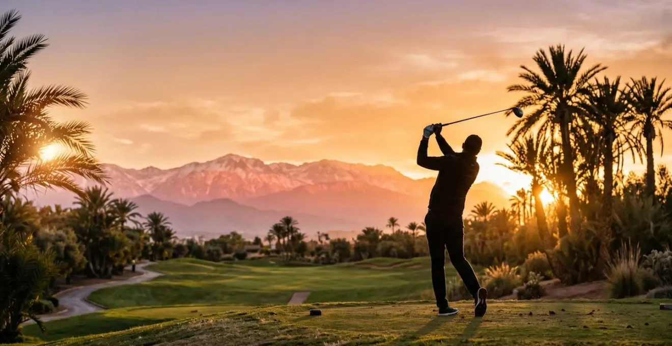 Lumière dorée de fin d'après-midi illuminant l'Atlas depuis un parcours de golf